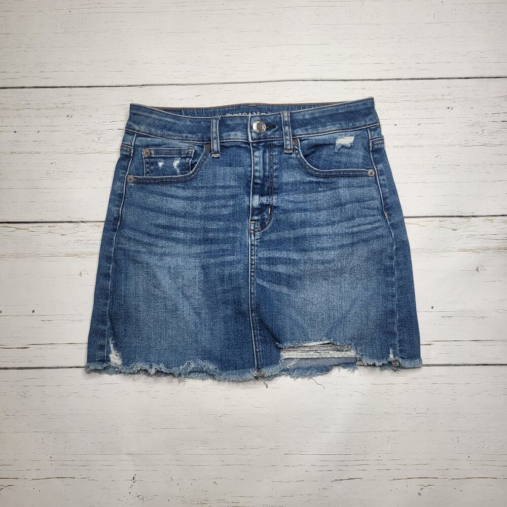 American Eagle Denim Jean Mini Skirt Raw Hem Ripped Distressed Stretch Small 6